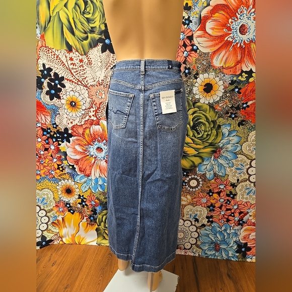 7 For All Mankind Size 24 Or 25 Whiskered Midi Blue Denim Skirt With Side Slits - Picture 6 of 14